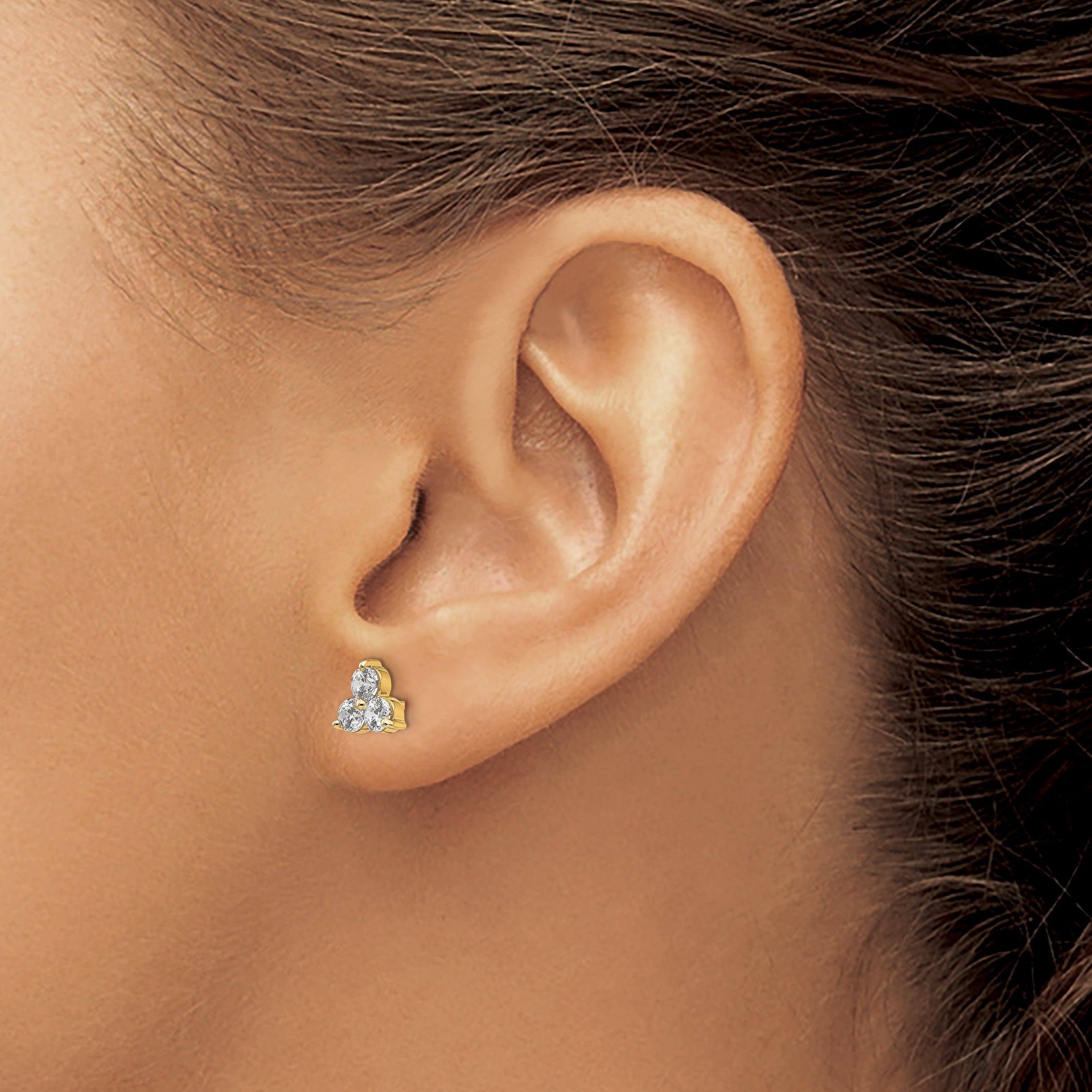 14K Yellow Gold True Origin 3/4 Carat Lab Grown Diamond Vs Def Three Stone Post Stud Earrings