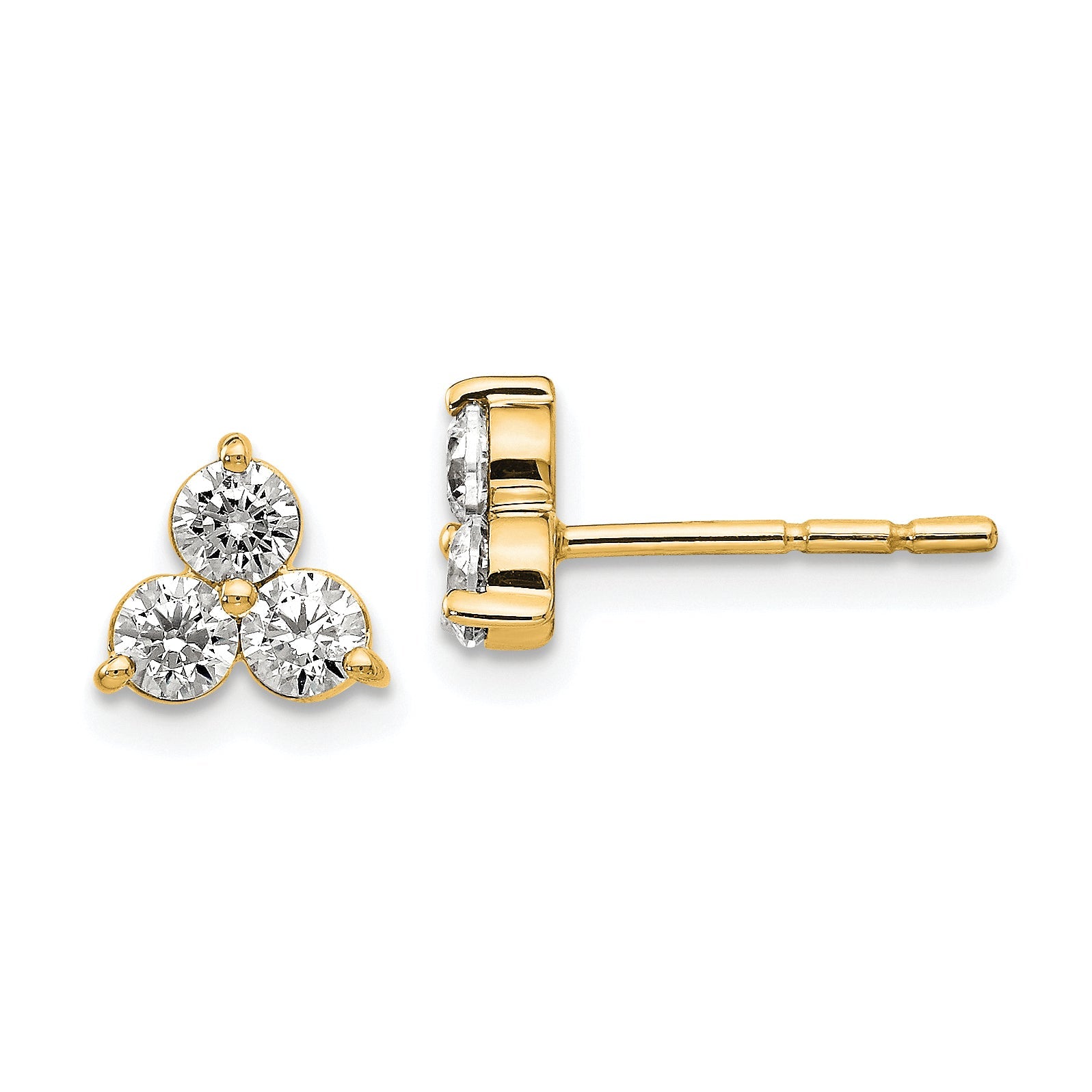 14K Yellow Gold True Origin 3/4 Carat Lab Grown Diamond Vs Def Three Stone Post Stud Earrings