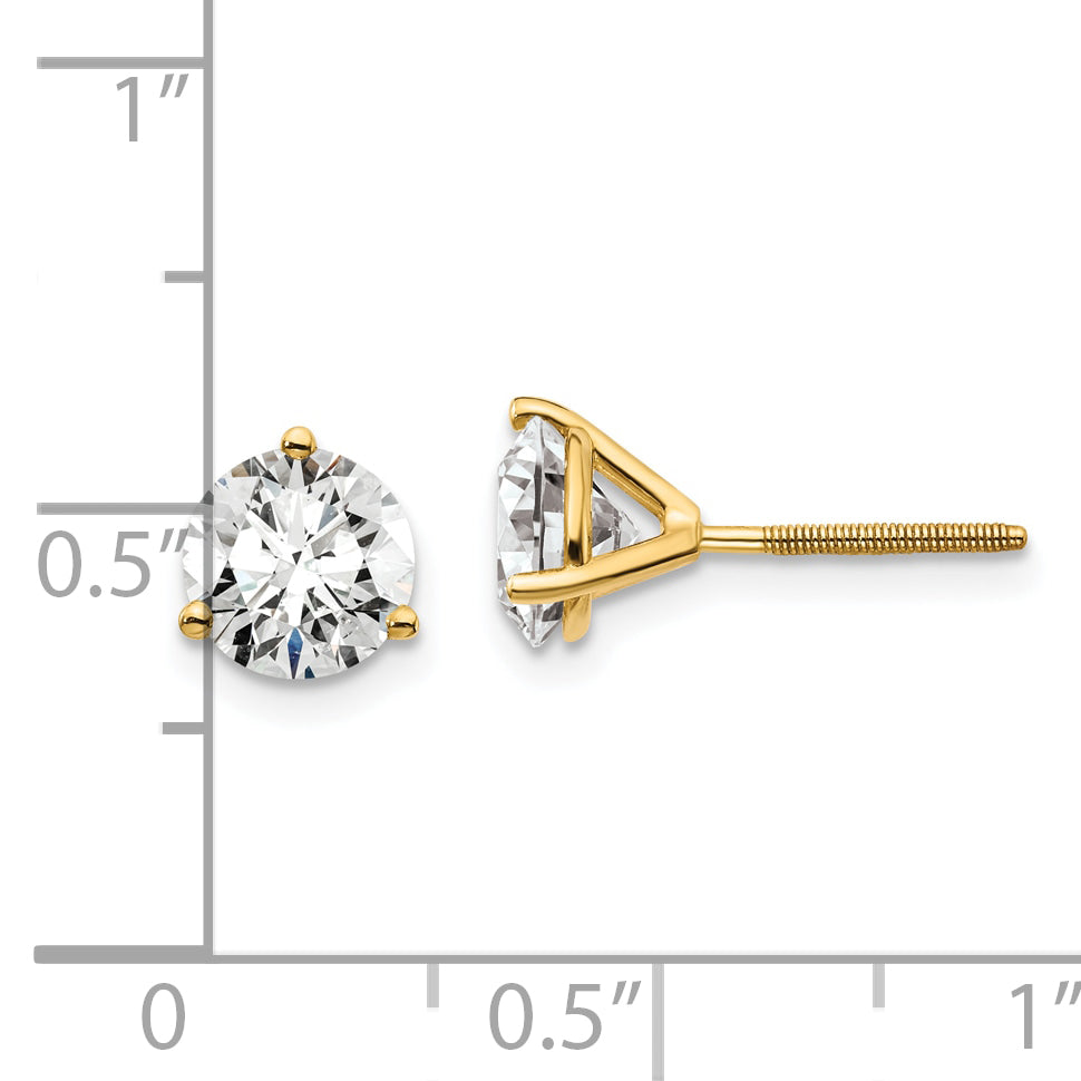 14K Yellow Gold 2 Ctw Lab Grown Diamond Vs+ F+ Round 3 Prong Heavy Wt. Screwback Stud Earrings