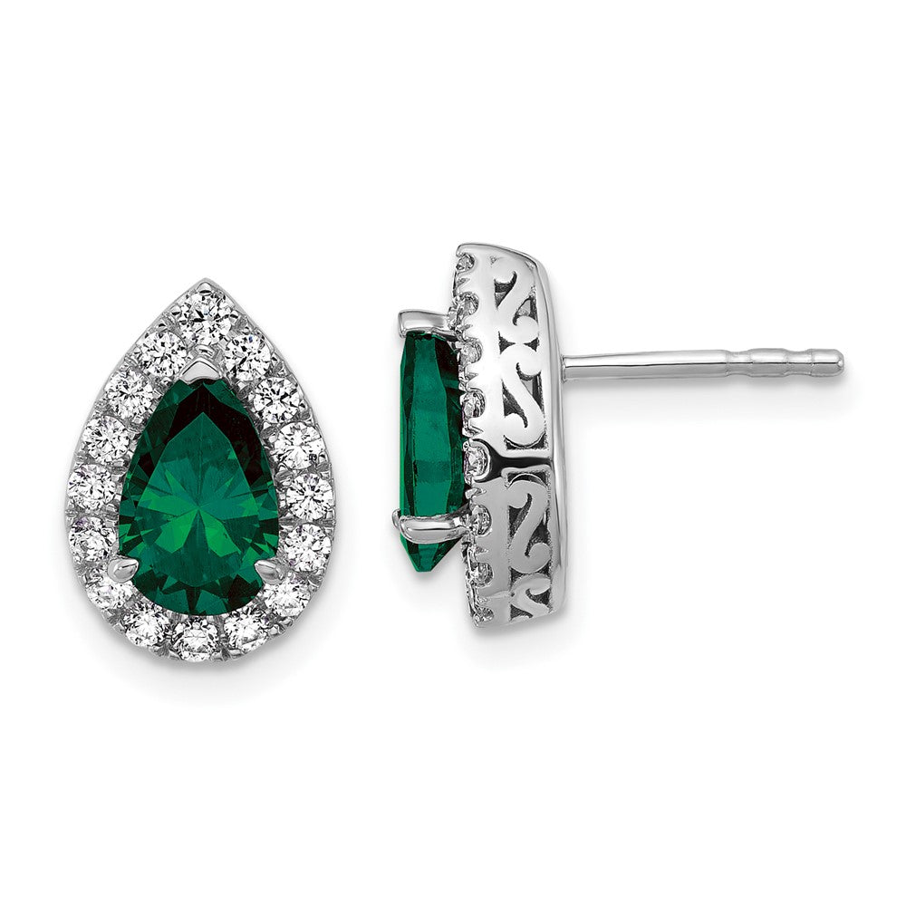 14K White Gold Lab Grown VS/SI FGH Diamond and Created Emerald Pear Post Earrings