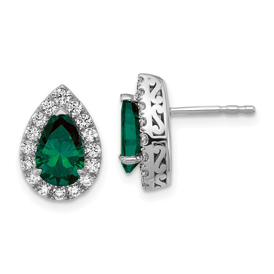 14K White Gold Lab Grown VS/SI FGH Diamond and Created Emerald Pear Post Earrings