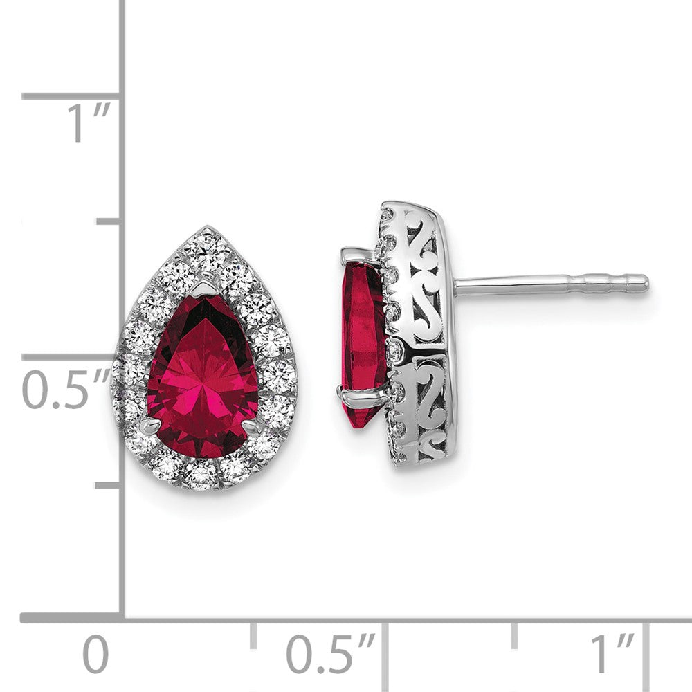 14K White Gold Lab Grown VS/SI FGH Diamond and Created Ruby Pear Post Earrings