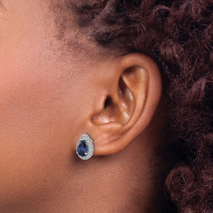 14K White Gold Lab Grown VS/SI FGH Diamond and Created Sapphire Pear Post Earrings