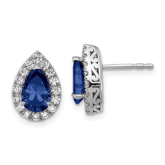 14K White Gold Lab Grown VS/SI FGH Diamond and Created Sapphire Pear Post Earrings
