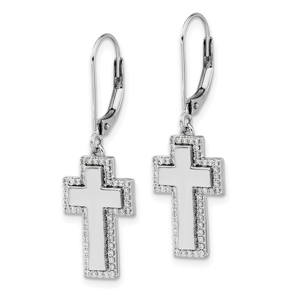 14k White Gold Real Diamond Fancy Cross Leverback Earrings