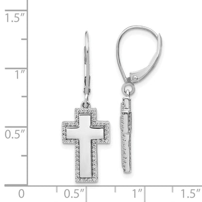 14k White Gold Real Diamond Fancy Cross Leverback Earrings