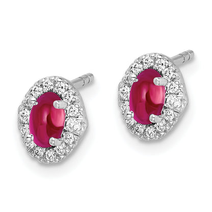 14k White Gold 1/6 Ct. Lab Grown Diamond VS/SI+ G+ and Oval Created Ruby Halo Post Earrings