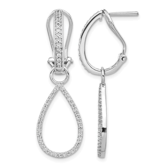 Solid 14k White Gold Simulated CZ Teardrop Dangle Omega BacK Earrings