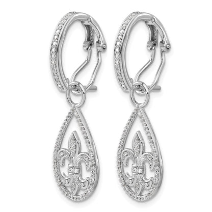 Solid 14k White Gold Simulated CZ Fleur de Lis Dangle Omega BacK Earrings