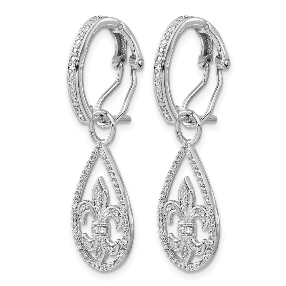 Solid 14k White Gold Simulated CZ Fleur de Lis Dangle Omega BacK Earrings