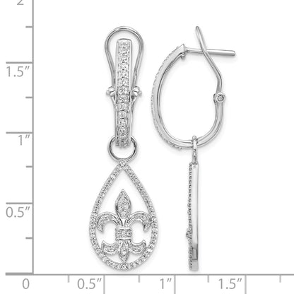 Solid 14k White Gold Simulated CZ Fleur de Lis Dangle Omega BacK Earrings