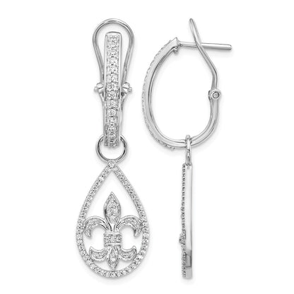 Solid 14k White Gold Simulated CZ Fleur de Lis Dangle Omega BacK Earrings