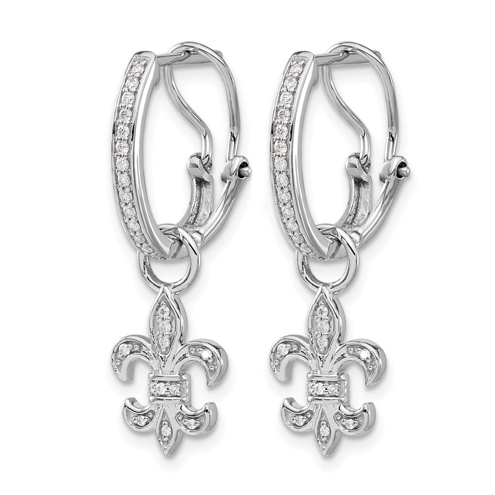 Solid 14k White Gold Simulated CZ Fleur de Lis Dangle Omega BacK Earrings