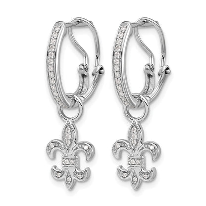 Solid 14k White Gold Simulated CZ Fleur de Lis Dangle Omega BacK Earrings