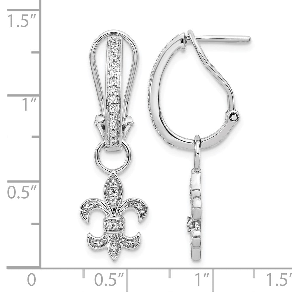 Solid 14k White Gold Simulated CZ Fleur de Lis Dangle Omega BacK Earrings