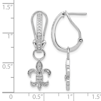 Solid 14k White Gold Simulated CZ Fleur de Lis Dangle Omega BacK Earrings