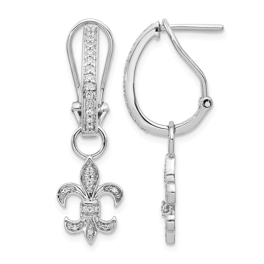 Solid 14k White Gold Simulated CZ Fleur de Lis Dangle Omega BacK Earrings