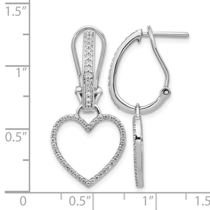 Solid 14k White Gold Simulated CZ Heart Dangle Omega BacK Earrings