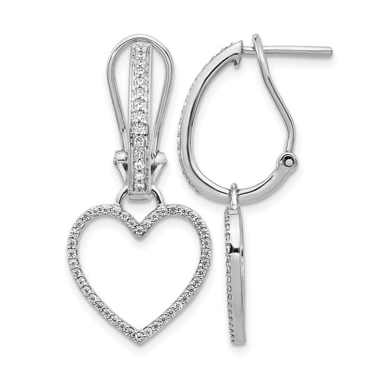 Solid 14k White Gold Simulated CZ Heart Dangle Omega BacK Earrings