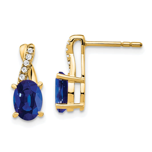10K Yellow Gold Created Sapphire And Diamond Earrings