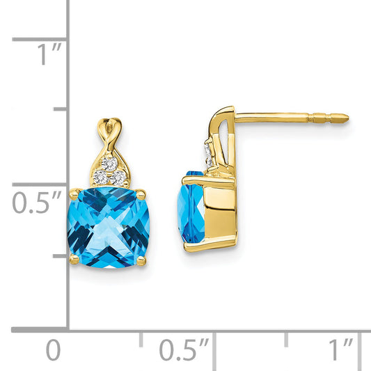 10K Yellow Gold Checkerboard Blue Topaz And Diamond Earrings