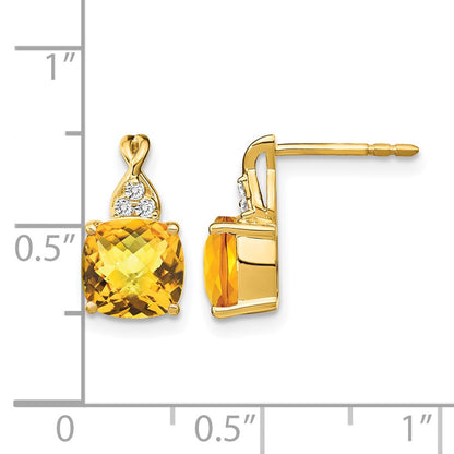 10K Yellow Gold Checkerboard Citrine And Diamond Earrings