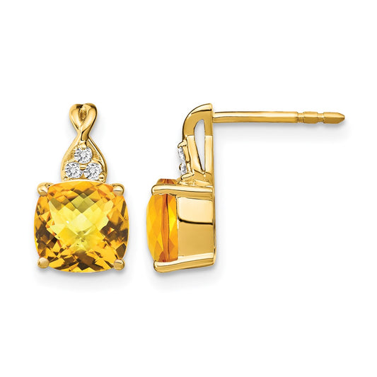 10K Yellow Gold Checkerboard Citrine And Diamond Earrings
