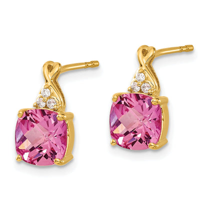 10K Yellow Gold Checkerboard Created Pink Sapphire And Diamond Earrings