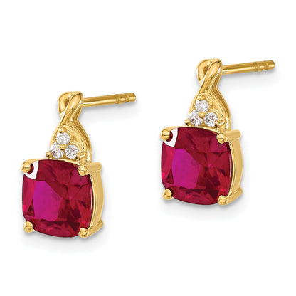 10K Yellow Gold Checkerboard Created Ruby And Diamond Earrings