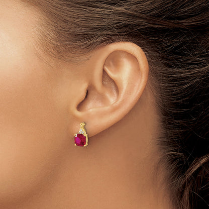 10K Yellow Gold Checkerboard Created Ruby And Diamond Earrings