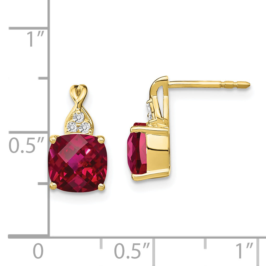 10K Yellow Gold Checkerboard Created Ruby And Diamond Earrings