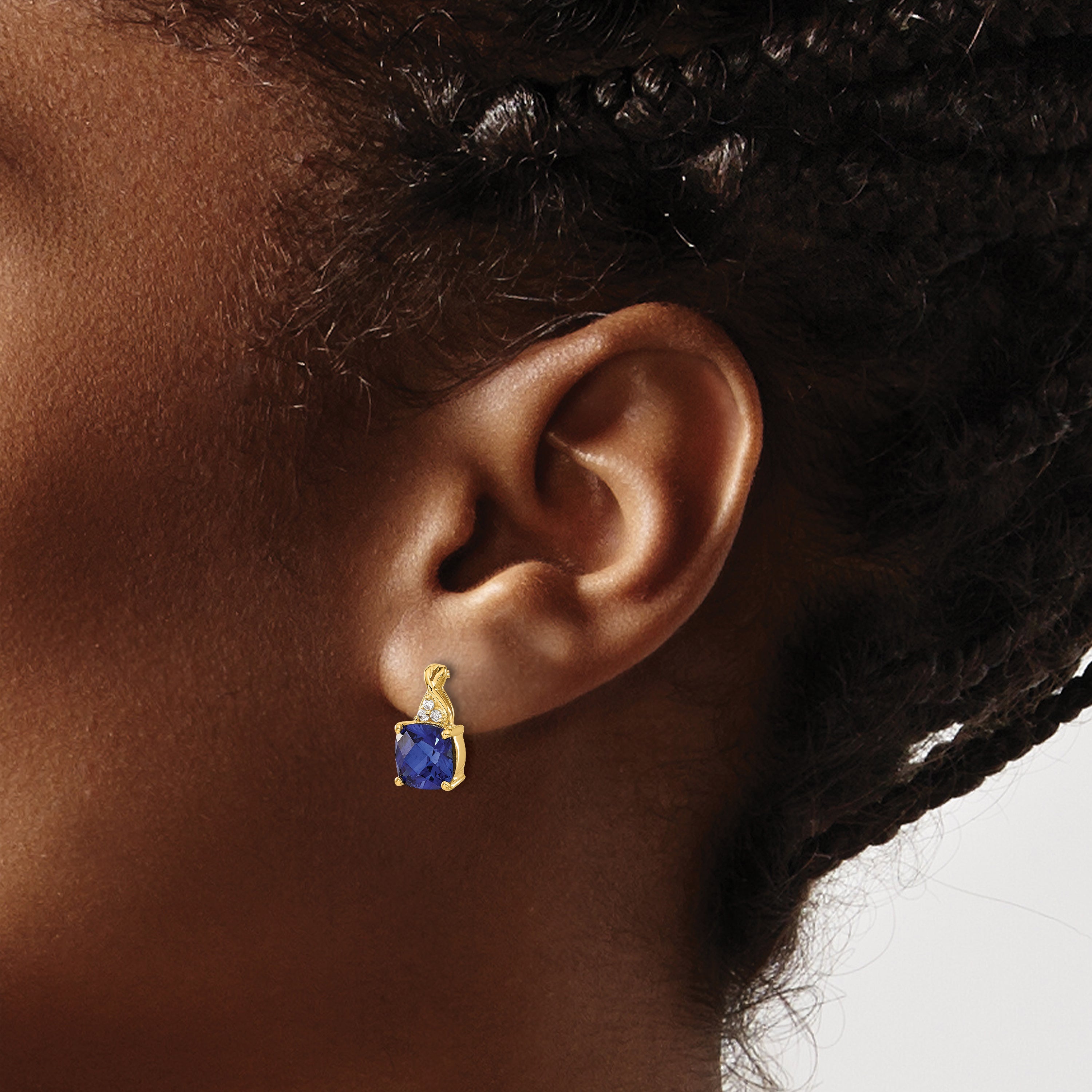10K Yellow Gold Checkerboard Created Sapphire And Diamond Earrings
