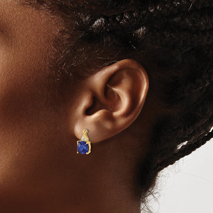 10K Yellow Gold Checkerboard Created Sapphire And Diamond Earrings
