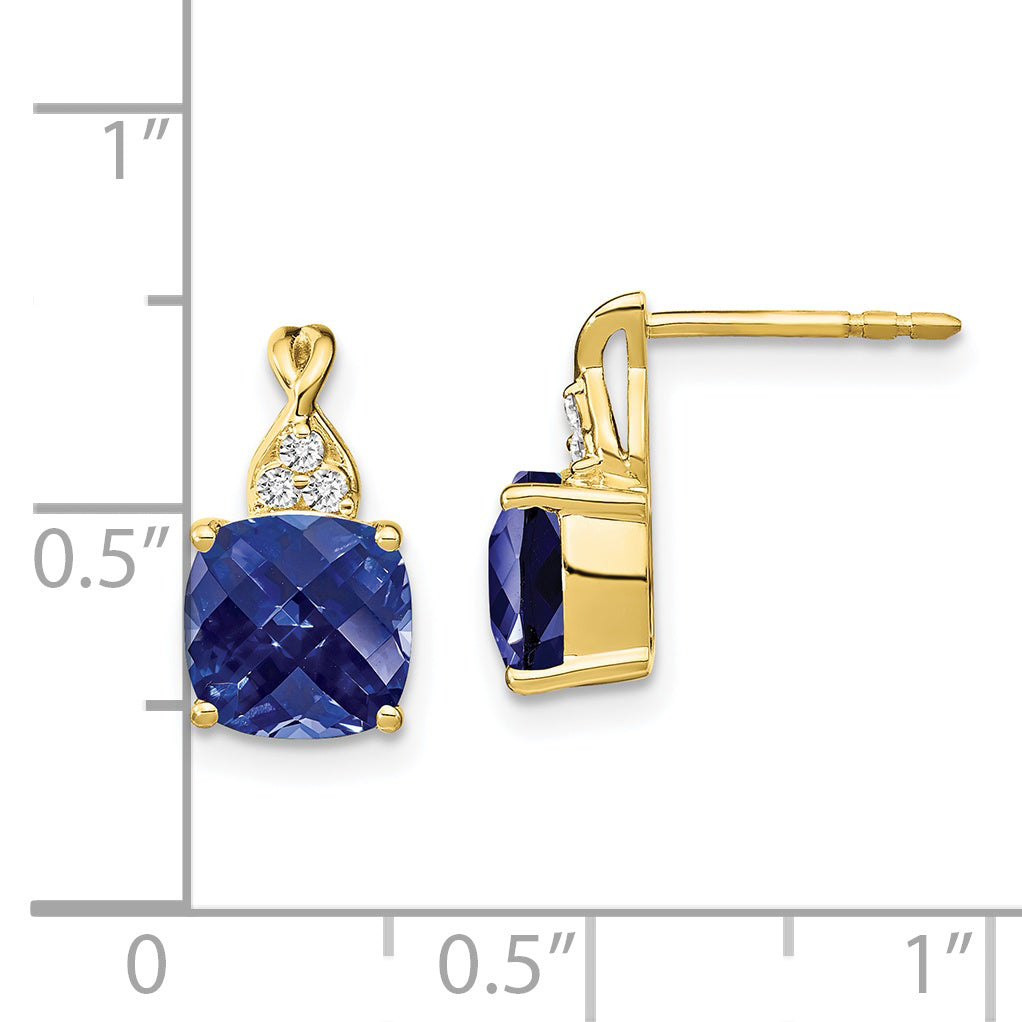 10K Yellow Gold Checkerboard Created Sapphire And Diamond Earrings