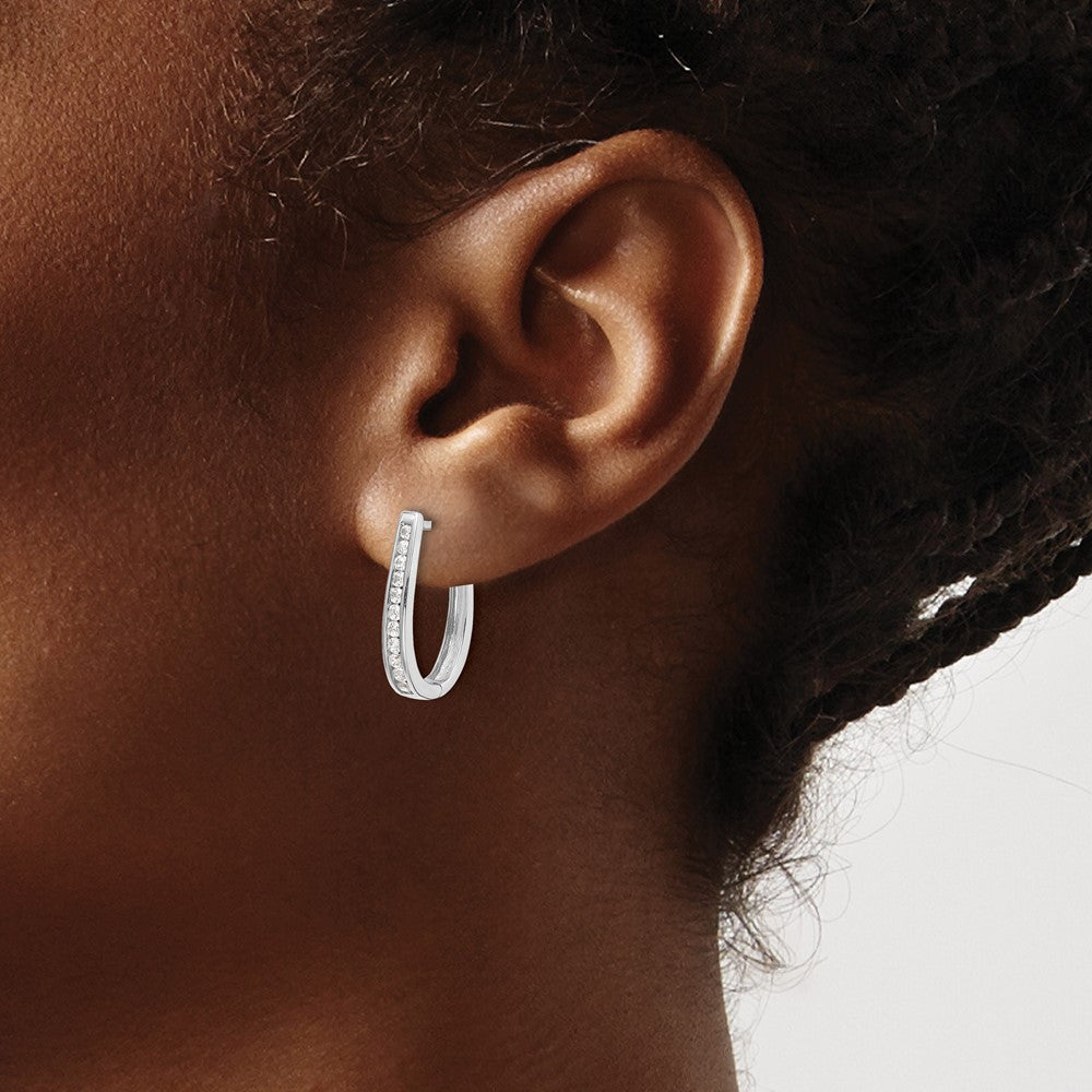 10K White Gold Diamond Oval Hinged Hoop Earrings