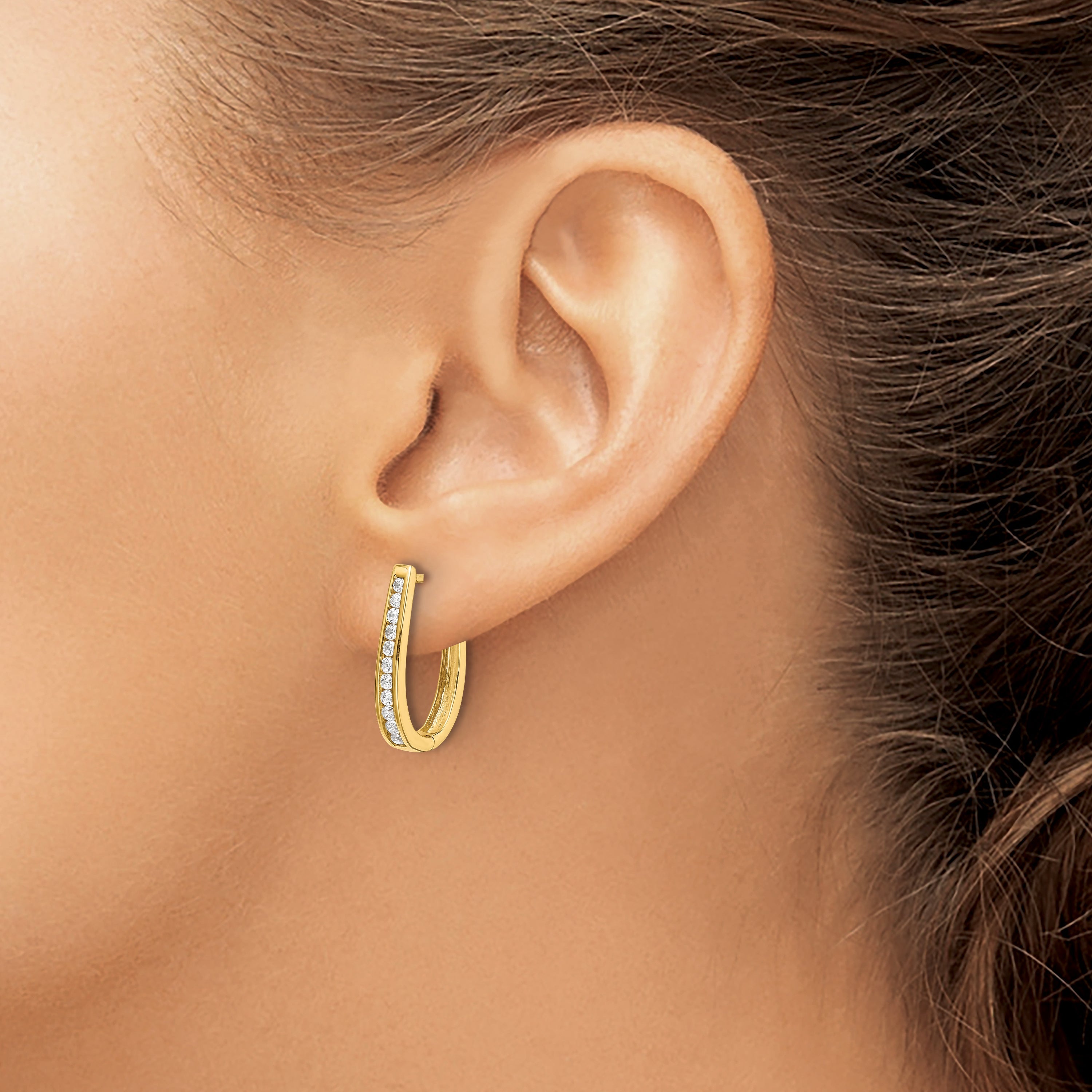10K Yellow Gold Diamond Oval Hinged Hoop Earrings