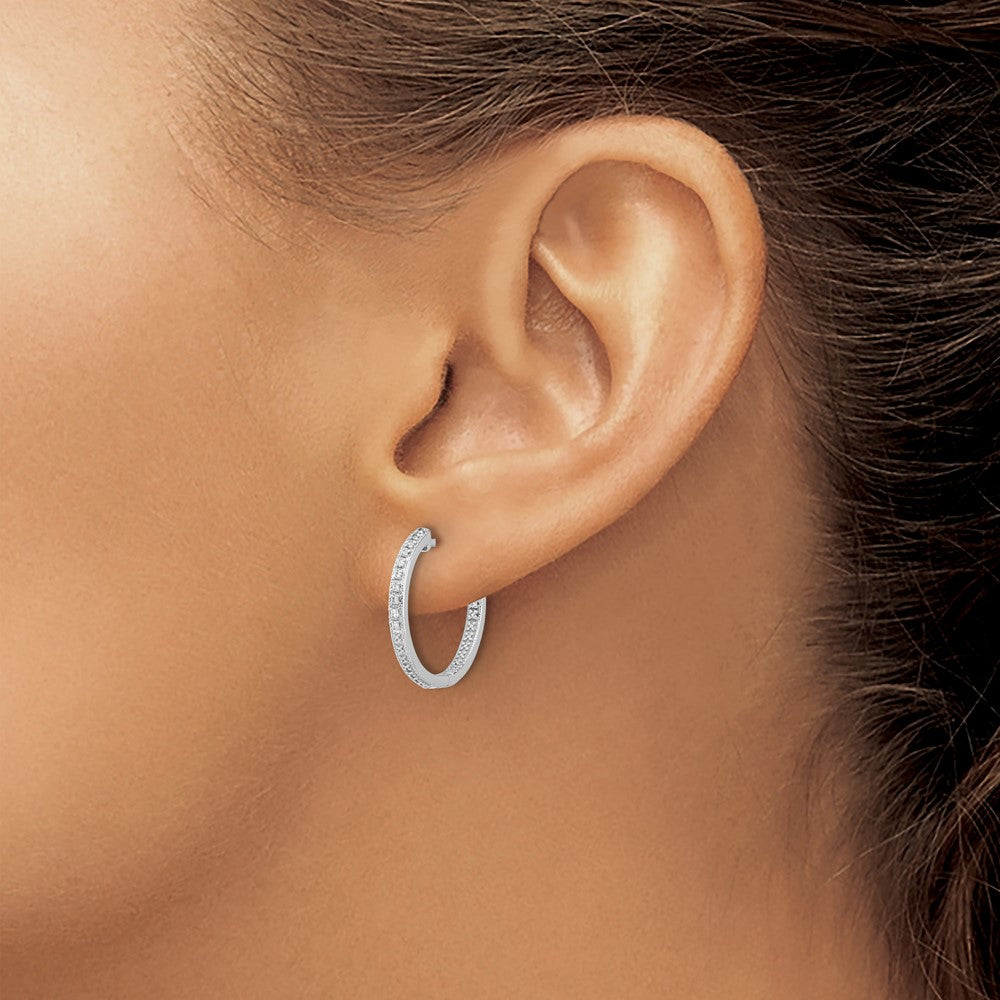 10K White Gold Polished Diamond In/Out Hinged Hoop Earrings