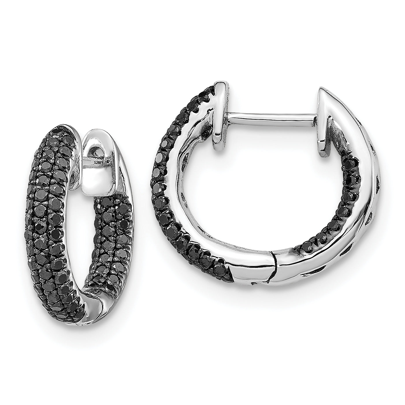 10K White Gold Black Diamond Hinged Hoop Earrings