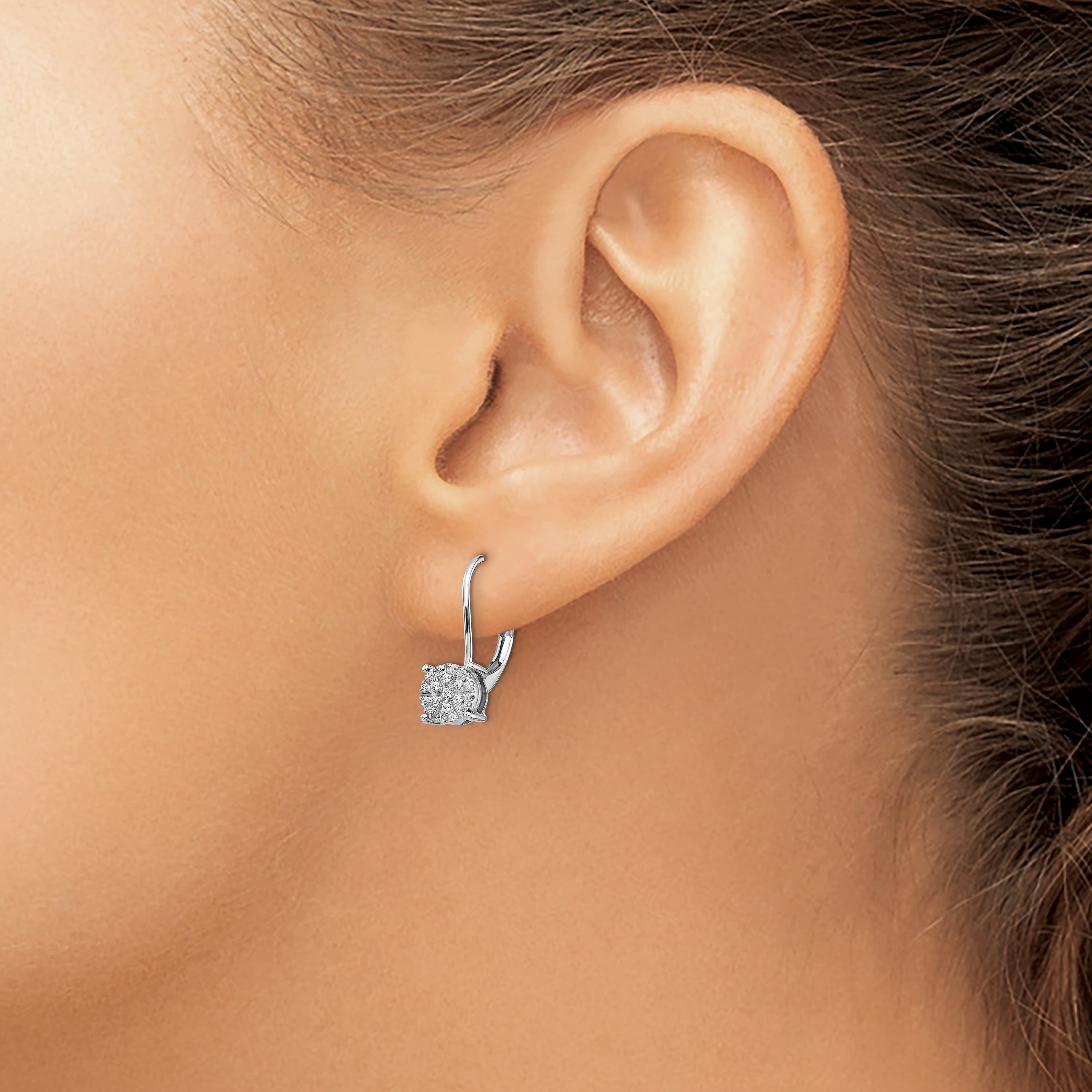 14K White Gold 1/6 Carat Lab Grown Diamond Vs/Si+ G+ Complete Cluster Drop Leverback Earrings
