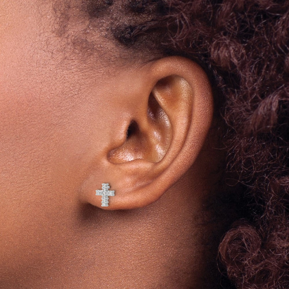 Solid 14k White Gold Polished Simulated CZ Cross Post Earrings