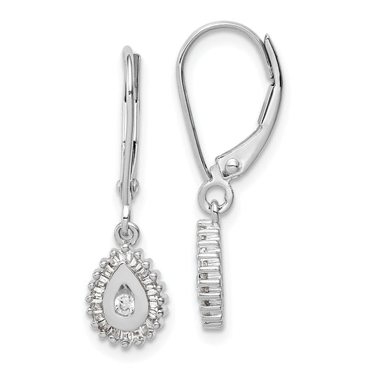 10K White Gold Baguette Diamond Teardrop Halo Leverback Earrings
