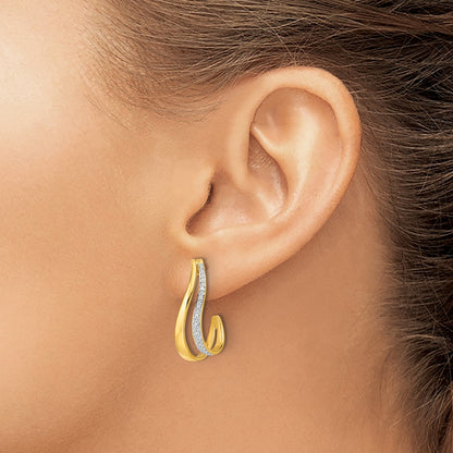 10K Yellow W/Rhodium Diamond J-Hoop Post Earrings