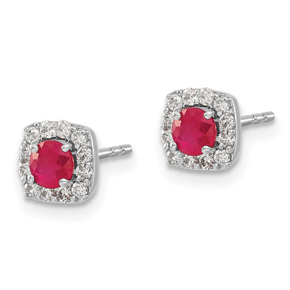 14k White Gold 1/5 Ct. Lab Grown Diamond VS/SI+ G+ and Created Ruby Square Halo Post Earrings