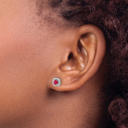 14k White Gold 1/5 Ct. Lab Grown Diamond VS/SI+ G+ and Created Ruby Square Halo Post Earrings