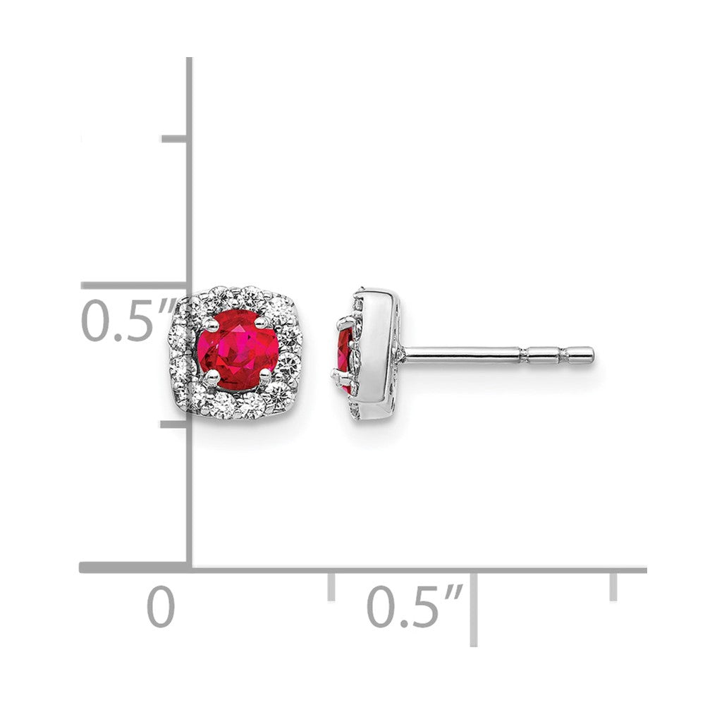 14k White Gold 1/5 Ct. Lab Grown Diamond VS/SI+ G+ and Created Ruby Square Halo Post Earrings