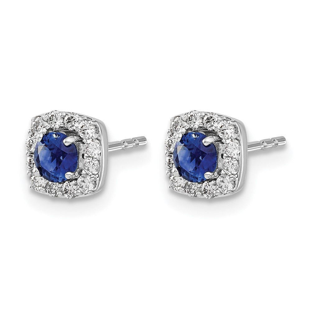 14k White Gold 1/5 Ct. Lab Grown Diamond VS/SI+ G+ and Created Sapphire Square Halo Post Earrings