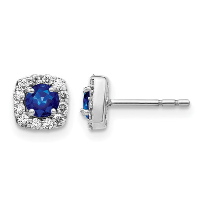 14k White Gold 1/5 Ct. Lab Grown Diamond VS/SI+ G+ and Created Sapphire Square Halo Post Earrings