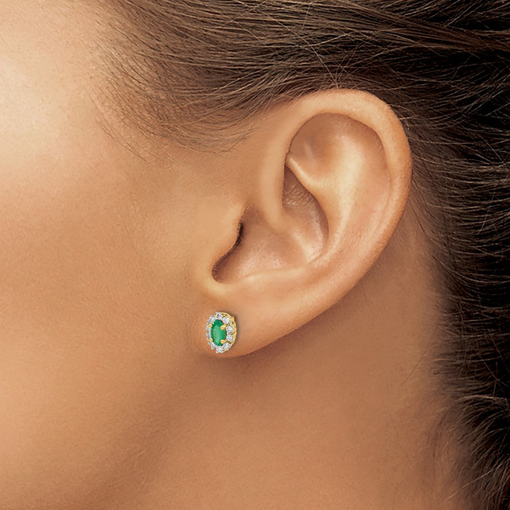 14k Yellow Gold 1/5 Ct. Lab Grown Diamond VS/SI+ G+ and Oval Created Emerald Halo Post Earrings