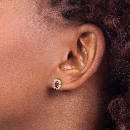 10K Yellow Gold Diamond And Ruby Oval Halo Earrings