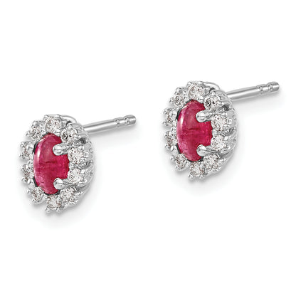 14k White Gold 1/5 Ct. Lab Grown Diamond VS/SI+ G+ and Oval Created Ruby Halo Post Earrings
